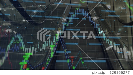 Image of graphs and financial data over escalator Image of graphs and financial data over escalator 129566277
