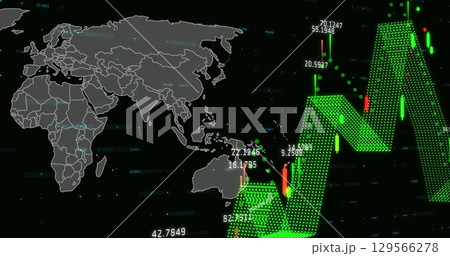 Image of graphs and financial data over world map on black background Image of graphs and financial data over world map on black background 129566278