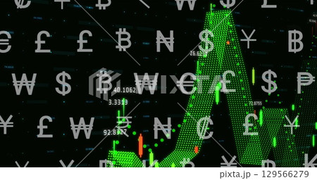 Image of graphs and currency symbols on black background Image of graphs and currency symbols on black background 129566279