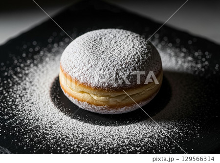 Powdered Sugar Coated Jelly Donut On Black Slate Plate Powdered Sugar Coated Jelly Donut On Black Slate Plate 129566314