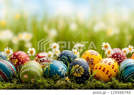Background from colorful traditional easter eggs on green meadow Background from colorful traditional easter eggs on green meadow 129566748