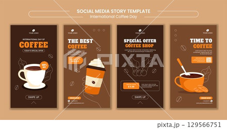 Coffee Time Social Media Stories for International Coffee Day in Flat Cartoon Background 129566751