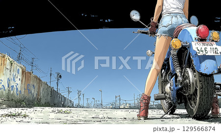 大型バイクで街に来た女性ライダーのイラスト素材 129566874