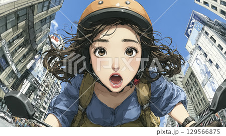 バイクで都会を緊張しながら走行する女性ライダーのイラスト素材 129566875
