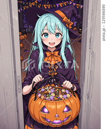 ハロウィンの夜に「トリック・オア・トリート！」と玄関を訪れた、満面の笑顔が可愛らしい魔女の女の子 129566890