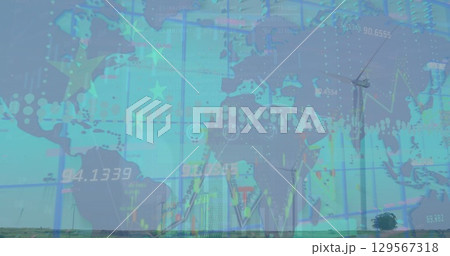 Image of data processing over wind turbines, world map and flag of china 129567318