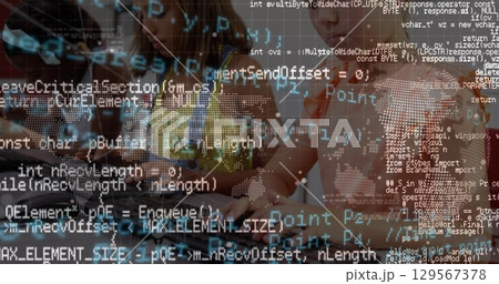 Collaborating four girls typing code around laptop in modern classroom, with world map overlay Collaborating four girls typing code around laptop in modern classroom, with world map overlay 129567378