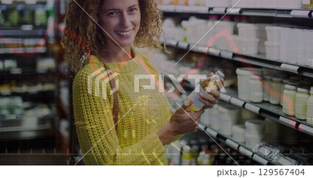 Image of financial data processing over caucasian women shopping 129567404