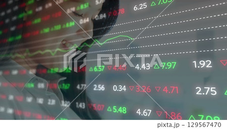 Image of data processing over asian woman using smartphone 129567470