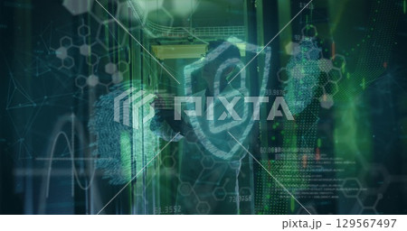 Image of chemical formulas, graphs, fingerprints and digital padlock over servers 129567497