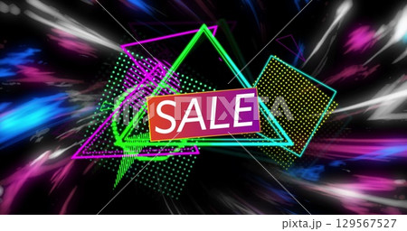 Image of sale over triangles and lights on black background 129567527