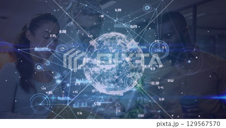 Image of network of connections and icons over diverse group of business people 129567570