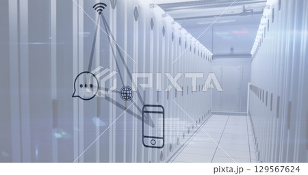 Image of globe and smartphone icons over servers Image of globe and smartphone icons over servers 129567624