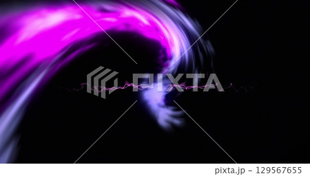 Image of glowing pink and purple light trails moving on back background 129567655