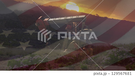 Image of pump jack over flag of usa Image of pump jack over flag of usa 129567681