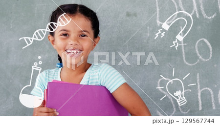 Image of school drawings over happy girl 129567744