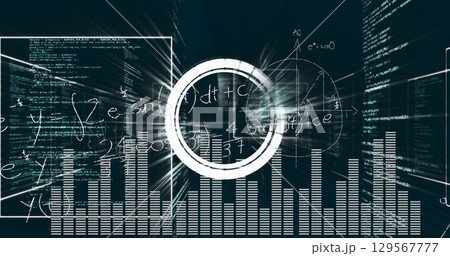 Image of math formulas, graphs and circles on black background 129567777