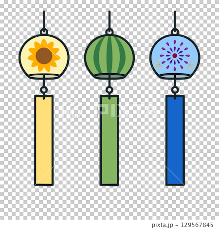 Wind chime illustration (sunflower, watermelon, fireworks) thick solid line vector / white background, 3-piece set Wind chime illustration (sunflower, watermelon, fireworks) thick solid line vector / white background, 3-piece set 129567845