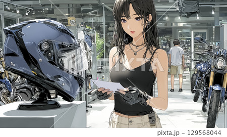 バイク用ヘルメットを真剣な表情で見つめる女性ライダー 129568044