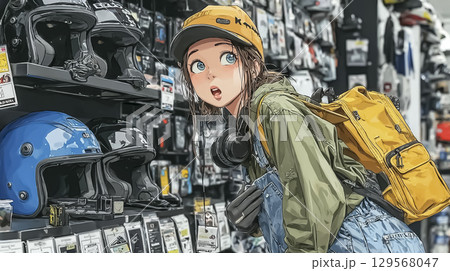 バイク用ヘルメットを選ぶ真剣な表情の女性ライダー 129568047