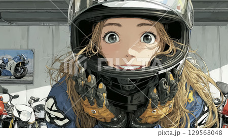 新しいヘルメットを被って笑顔になる女性ライダー 129568048