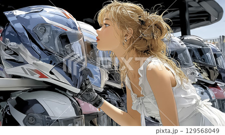 バイク用ヘルメットを選ぶ真剣な表情の女性ライダー 129568049