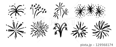 Black hand drawn firework set. Crayon doodled firecracker element collection. Pastel sketches of spark burst, explosion, star lights. Vector charcoal drawn sparkle stickers for birthday, party decor 129568174