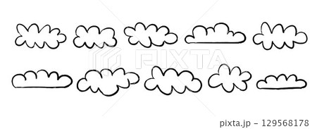 Black crayon cloud shapes collection. Hand drawn doodle set. Rough scribbled clouds bundle. Childish textured sketched element pack for banner, poster, collage, sticker. Vector cute comic dialogue 129568178