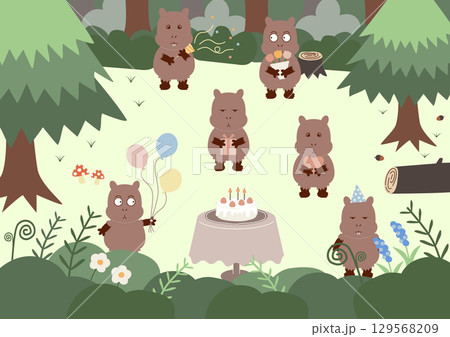 森の中のカピバラのパーティーとケーキ 129568209