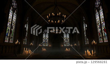 Haunted Medieval Castle Hall with Candlelight and Gothic Architecture 129568281