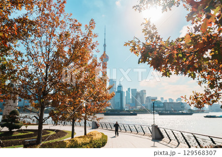 Cityscape view of Shanghai city in autumn season. Skyscraper of Lujiazui in Pudong. landmark and popular for tourism attractions. Travel and Vacation concept 129568307
