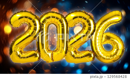 Golden 2026 Balloons Floating Against a Festive Bokeh Background for New Year Celebration Golden 2026 Balloons Floating Against a Festive Bokeh Background for New Year Celebration 129568428