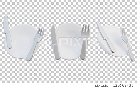 Cartoon Style Fork with Knife and Plate 3D Graphic 129568439