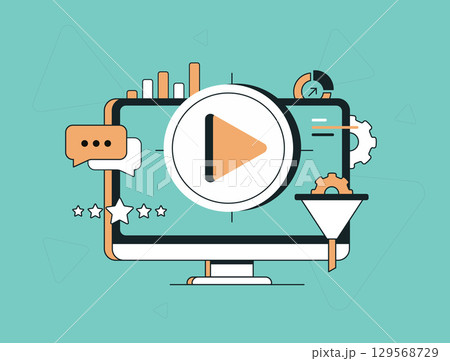 Video marketing analytics on computer screen with play button, growth chart and conversion funnel. Audience engagement and video marketing campaign performance. Digital promotion vector illustration 129568729