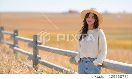 牧場の柵にもたれる若い女性 129568782