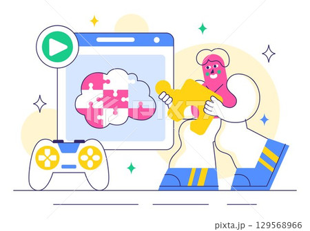 Brain Training Games Vector Illustration featuring People Having Fun with Riddles, Crosswords, Logic Game, and Puzzle Solving in a Flat Background Brain Training Games Vector Illustration featuring People Having Fun with Riddles, Crosswords, Logic Game, and Puzzle Solving in a Flat Background 129568966