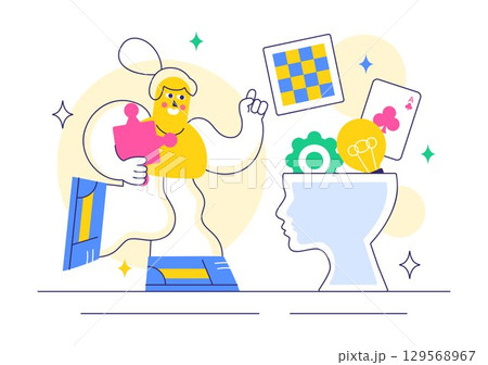 Brain Training Games Vector Illustration featuring People Having Fun with Riddles, Crosswords, Logic Game, and Puzzle Solving in a Flat Background 129568967