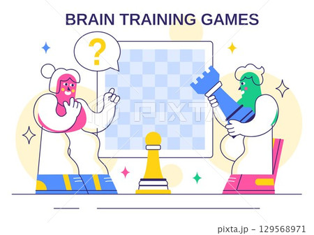 Brain Training Games Vector Illustration featuring People Having Fun with Riddles, Crosswords, Logic Game, and Puzzle Solving in a Flat Background Brain Training Games Vector Illustration featuring People Having Fun with Riddles, Crosswords, Logic Game, and Puzzle Solving in a Flat Background 129568971