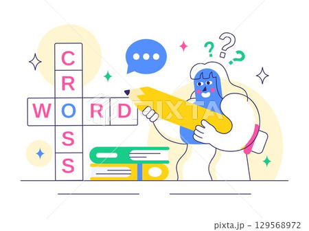 Brain Training Games Vector Illustration featuring People Having Fun with Riddles, Crosswords, Logic Game, and Puzzle Solving in a Flat Background 129568972