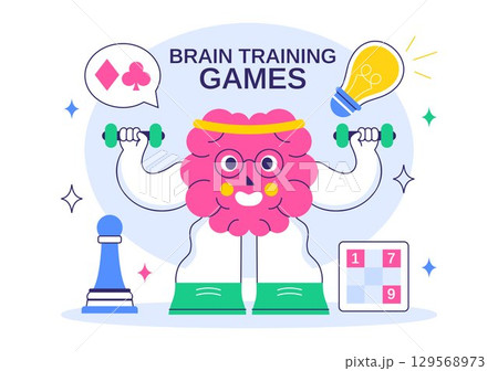 Brain Training Games Vector Illustration featuring People Having Fun with Riddles, Crosswords, Logic Game, and Puzzle Solving in a Flat Background 129568973