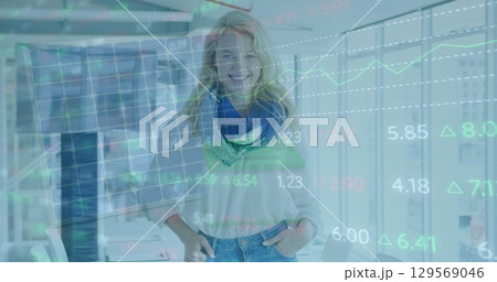 Image of data processing over caucasian businesswoman in office Image of data processing over caucasian businesswoman in office 129569046