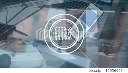Image of data processing over smartphone with qr code and airport Image of data processing over smartphone with qr code and airport 129569064