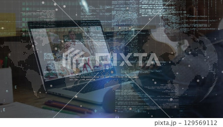 Image of globe and data processing over african american boy having online lessons on laptop 129569112