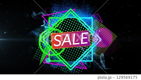 Image of sale text over colorful shapes on black background 129569175