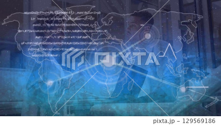 Image of network of connections and world map over two diverse business people Image of network of connections and world map over two diverse business people 129569186