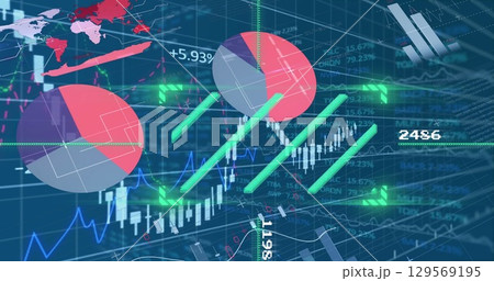 Digital image of various graphical charts moving over trading board Digital image of various graphical charts moving over trading board 129569195