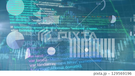 Image of graphs, data and data processing on blue background Image of graphs, data and data processing on blue background 129569196