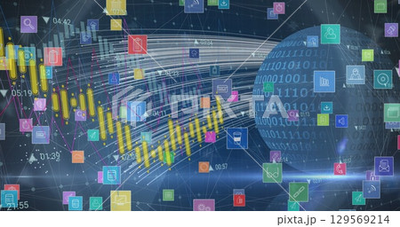Displaying binary-data sphere on right of data grid with chart bars and icons, copy space 129569214