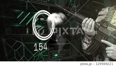 Image of hand of soldier holding gun over scanner, globe and data processing on interface 129569221