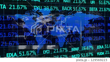 Image of graphs, financial data and world map on black digital screen 129569223